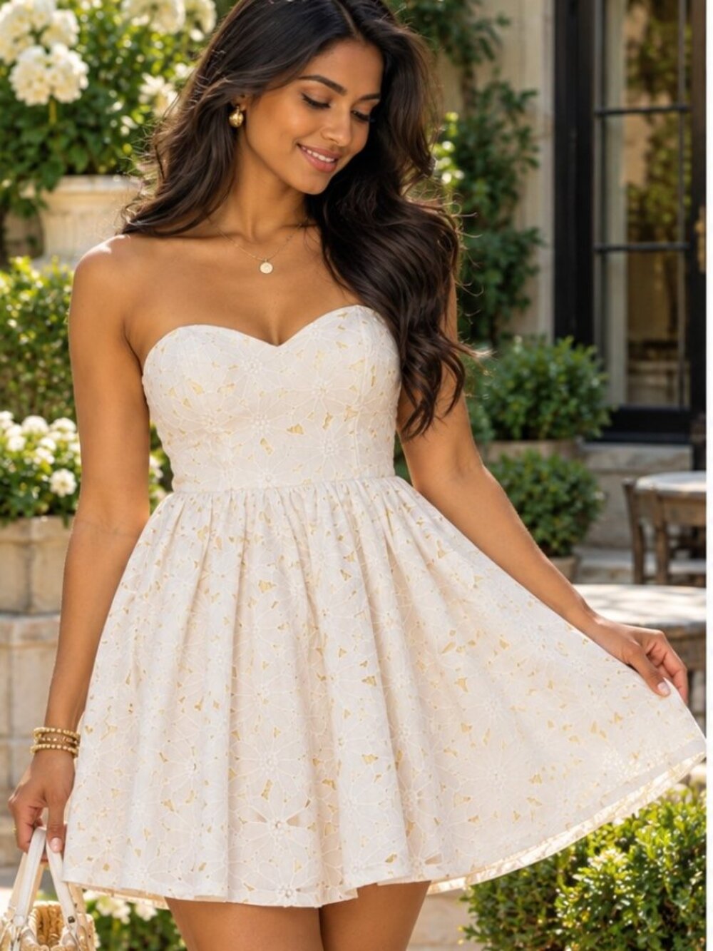 Jodi Kristopher Floral Lace Strapless Mini Dress Size 5 Ivory EUC